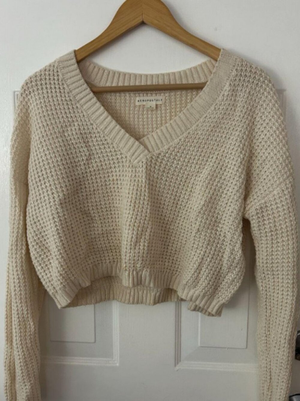 Aeropostale Cream Ivory Cropped Waffle Knit Sweater M